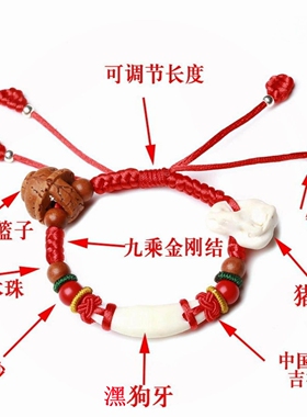 道观直发宝宝手链桃木护身符随身压婴儿童红手绳朱砂狗牙夜闹夜路
