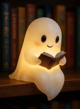 Cute Ghost Reading Book Lamp可爱的幽灵阅读万圣节幽灵夜灯摆件