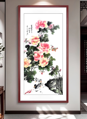 新中式花开富贵牡丹玄关壁画