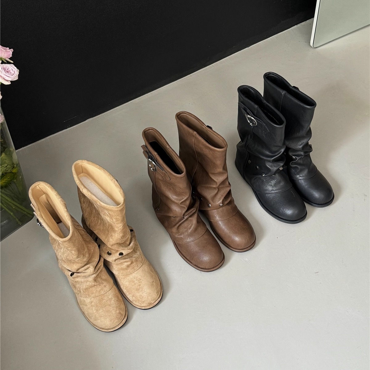 辣妹时尚复古显瘦堆堆靴女高级感短靴圆头粗跟中筒靴皮带扣裤管靴 - 图0