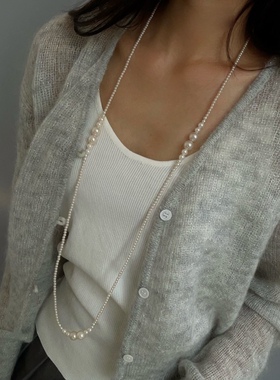 高级感法式施家强光正圆珍珠长款毛衣链2023新款复古多层叠戴项链