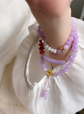 紫色水晶玛瑙拼接手链紫火离金双层天然贝壳珍珠手串中式复古显白