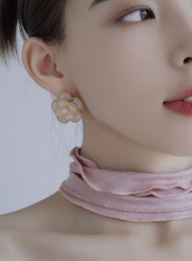 小众设计中古风vintag玉石山茶花珍珠项链网红复古风花朵大耳环女