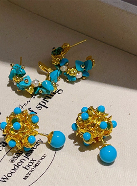 复古天然石蓝松石耳钉C形圈耳环S925银针电镀18K金高级感手工耳饰
