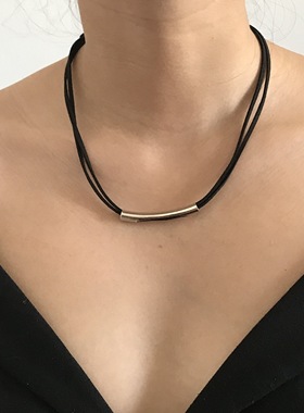 小众黑色麂皮绒不锈钢皮革项链
