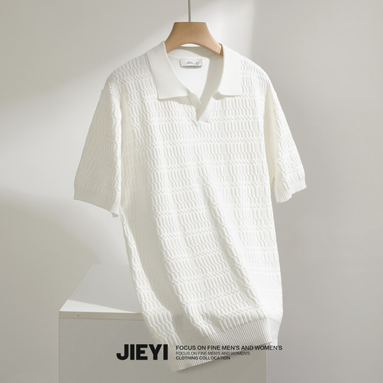 JIEYI breathable ice silk casual knitted POLO shirt comfortable lapel light mature style men's short-sleeved Paul top trendy