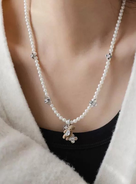 重工高品质~植绒小熊多层珍珠锆石水晶戒指套装项链女可爱设计感