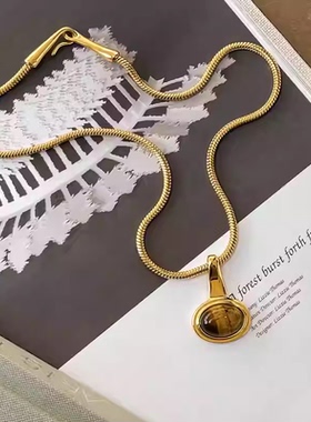 天然虎眼石吊坠粗蛇骨搭扣项链