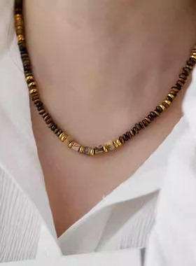 天然虎眼石隔片串珠项链异形吊坠