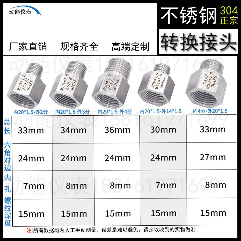 压力表304不锈钢加厚防爆转换接头M20*1.5转2346分内外螺纹对丝 - 图0