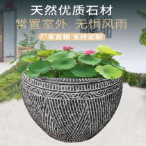 Natural Green Stone Vat Yard Stone Carved Water Cylinder Stone Fish Tank Flower Stone Lotus Flower Fish Round Vat Outdoor Fish Stone Basin