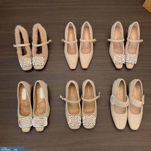 秋冬配裙子保暖加绒玛丽珍鞋水钻单鞋粗跟高跟鞋法式鞋女鞋毛毛鞋 - 图2