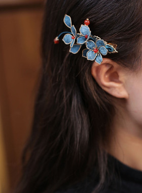 中式蓝色花朵发夹后脑勺汉服头饰
