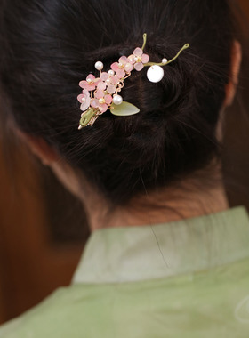 中式粉色花朵发夹旗袍汉服头饰品