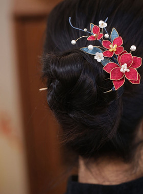 中式红色花朵u型发簪结婚发饰品