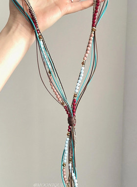 波西米亚手工串珠流苏长项链Vintage古着多层叠戴毛衣链旅游配饰