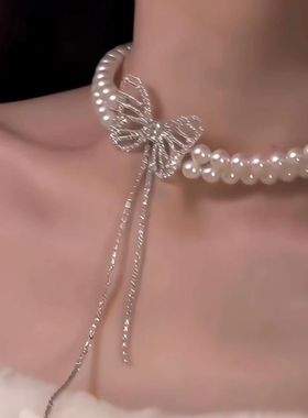 超闪锆石蝴蝶双层珍珠项链女新款