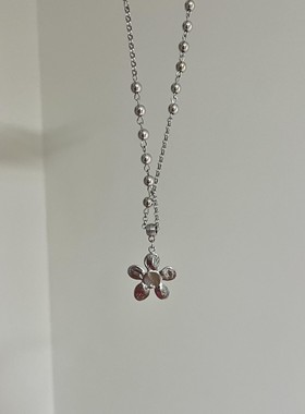 韩系简约银色花朵吊坠串珠项链女冷淡风小众设计高级感长款毛衣链