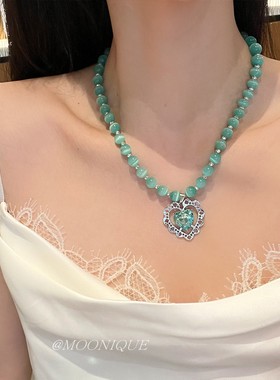 波西米亚民族风绿色串珠爱心项链女时尚高级设计感锁骨链星星颈链