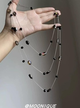 高级感黑色串珠项链女复古多层叠戴锁骨链轻奢小众设计长款毛衣链