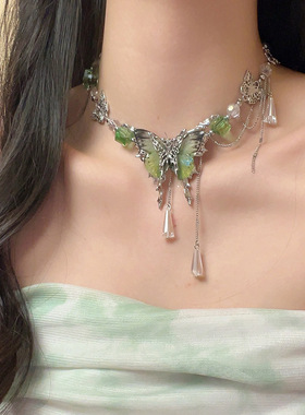 绿色冰晶蝴蝶清冷感项链锁骨链女