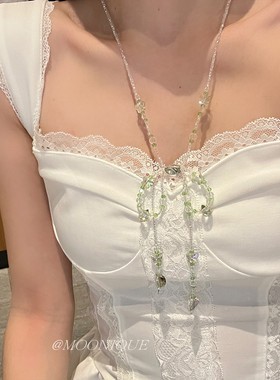原创设计手工编织绿色水晶蝴蝶结双层流苏项链甜美仙气精致锁骨链