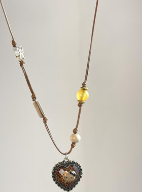 中古vintage豹纹kt小猫爱心项链女2025新款毛衣链童趣可爱卫衣链