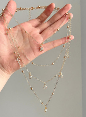 复古多层叠戴六芒星吊坠项链女波西米亚度假风锁骨链中古时尚配饰