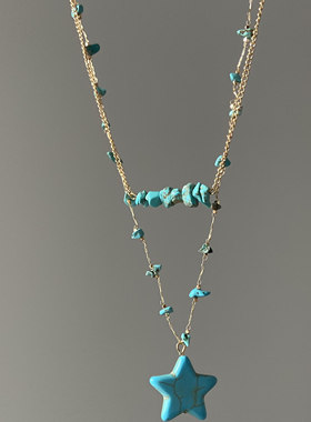 出游饰品~海洋蓝碎石星星吊坠项链女新海边度假风锁骨链叠戴配饰