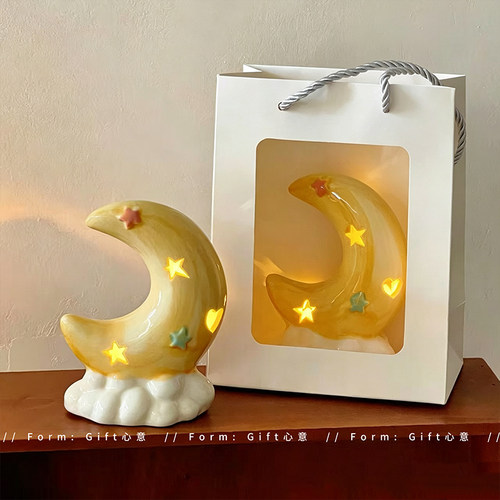 可爱陶瓷氛围月亮小夜灯桌面摆件生日礼物女生闺蜜61儿童节伴手礼 - 图3