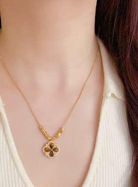 时尚轻奢百搭镶钻珍珠四叶花项链