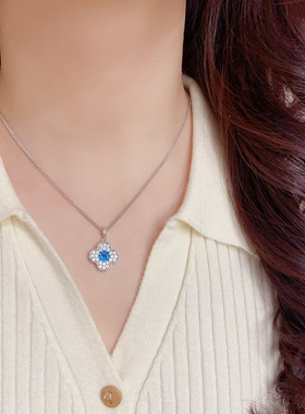 日韩百搭满钻蓝四叶花锁骨链