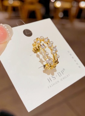 三层锆石珍珠开口可调女戒