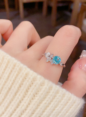 蓝色冰花玫瑰切锆石开口戒指