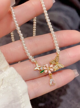 小众甜美锆石蝴蝶珍珠锁骨链