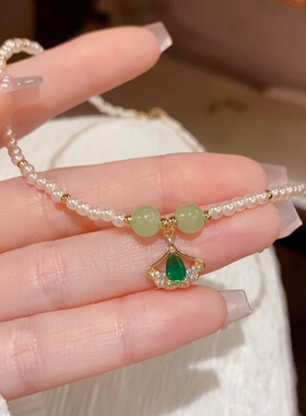 绿色银杏叶吊坠珍珠项链轻奢