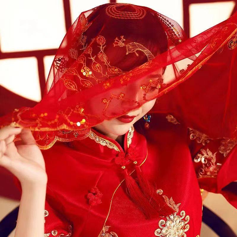 结婚新娘红盖头中式婚礼盖头秀禾服红盖头红色秀禾头纱蒙头巾喜帕_虎窝淘