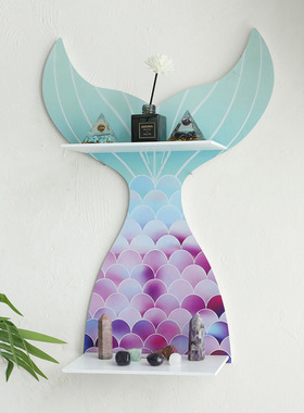 波西米亚木质镂空美人鱼样式水晶墙壁置物架简约家居卧室装饰