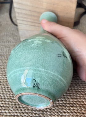 日本回流 高丽青瓷 花瓶 花器 镶嵌云鹤纹 手工制作 2-502