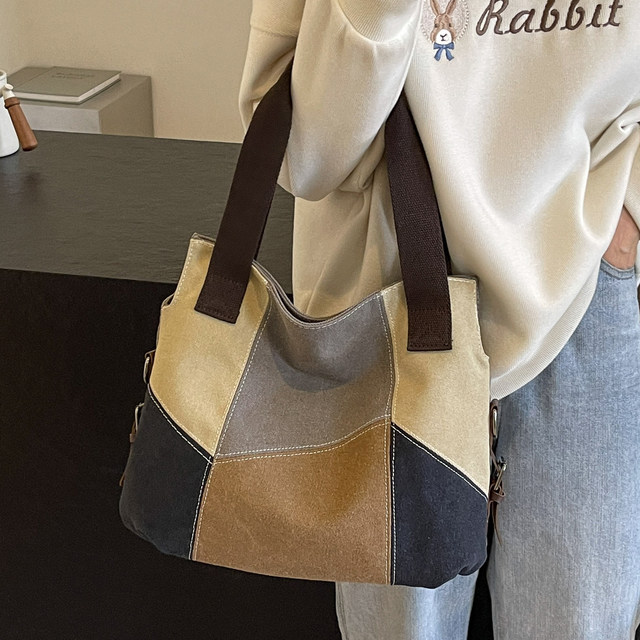 Contrast color large capacity canvas shoulder bag for women
