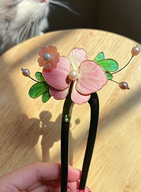 绒花分色桃花发簪复古旗袍汉服发梳古风发饰品气质淡雅手作