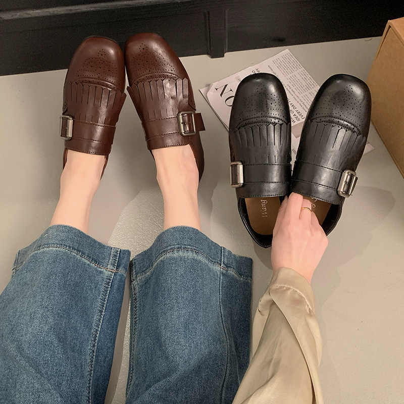 英伦布洛克透气方头乐福单鞋女2026春秋百搭黑色皮带扣流苏小皮鞋,淘宝优惠券,粉丝福利购,淘宝优惠卷