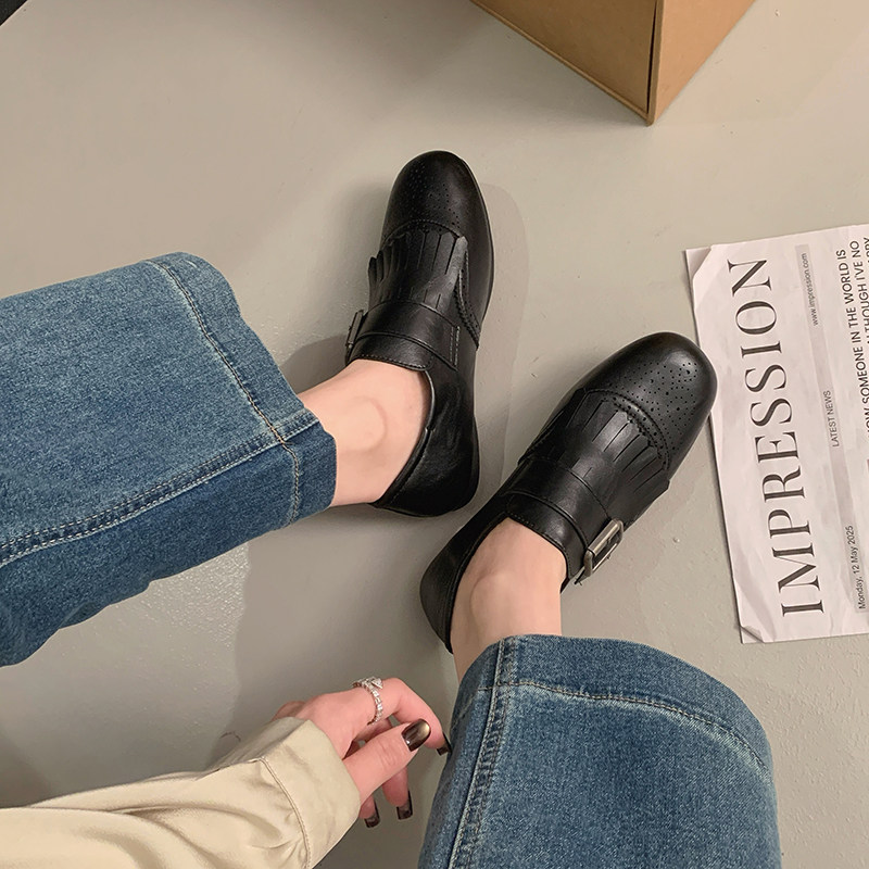 英伦布洛克透气方头乐福单鞋女2026春秋百搭黑色皮带扣流苏小皮鞋,淘宝优惠券,粉丝福利购,淘宝优惠卷