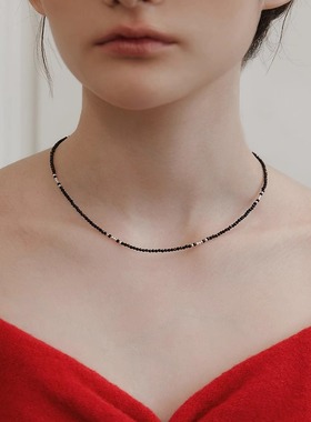 纯银925银黑尖晶刻面锁骨链