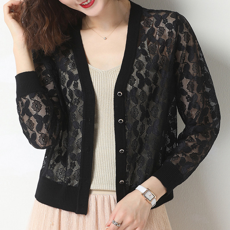 蕾丝外套短款披肩夏季纱网镂空开衫 姿必美毛针织衫