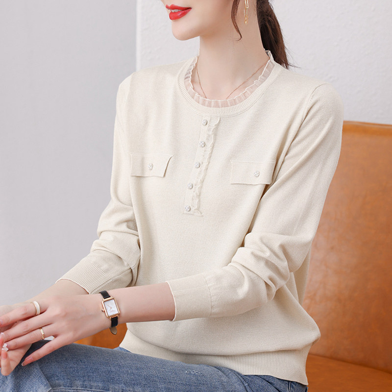 蕾丝领女秋装2021新款薄款针织衫 姿必美毛针织衫