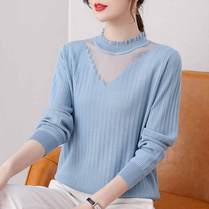 半高领蕾丝网纱女秋装新款针织衫 姿必美毛针织衫