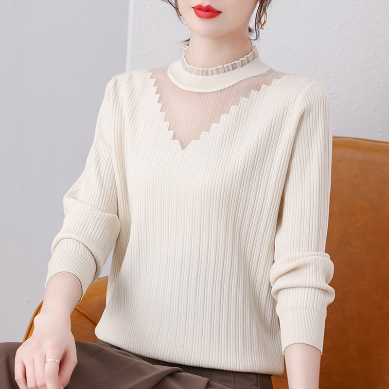 半高领蕾丝网纱女秋装新款针织衫 姿必美毛针织衫