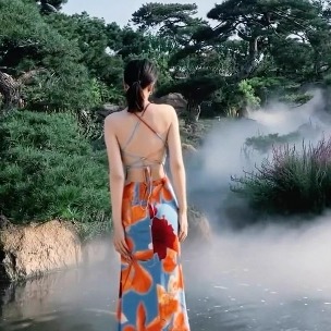 多巴胺绝美印花度假风连衣裙女2025新款性感海岛吊带裙露背绑带裙 - 图2