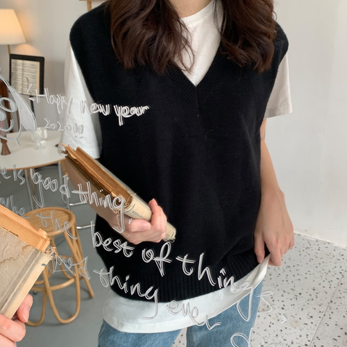 黑色无袖针织马甲女2026新款春秋宽松外搭v领毛衣背心叠穿早秋季 - 图1